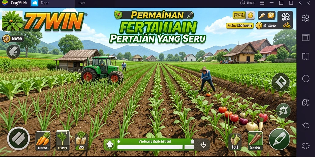 Screenshot gameplay 77WIN menampilkan ladang yang subur dan tanaman yang berkembang.