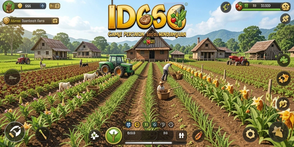 Screenshot gameplay ID66 menampilkan ladang yang subur dan aktivitas petani.