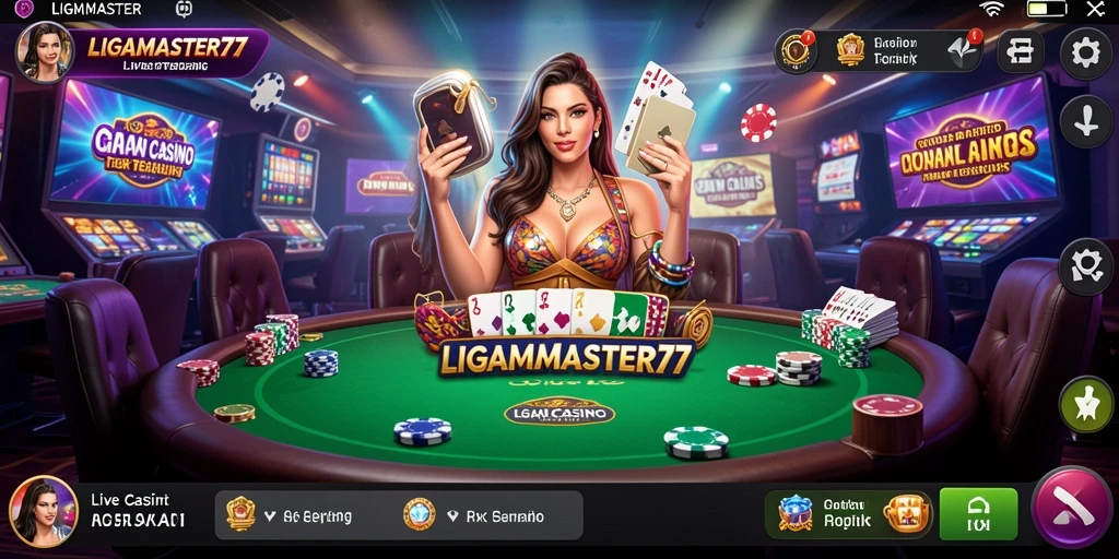 Screenshot gameplay LIGAMASTER77 menampilkan dealer langsung dan suasana permainan.