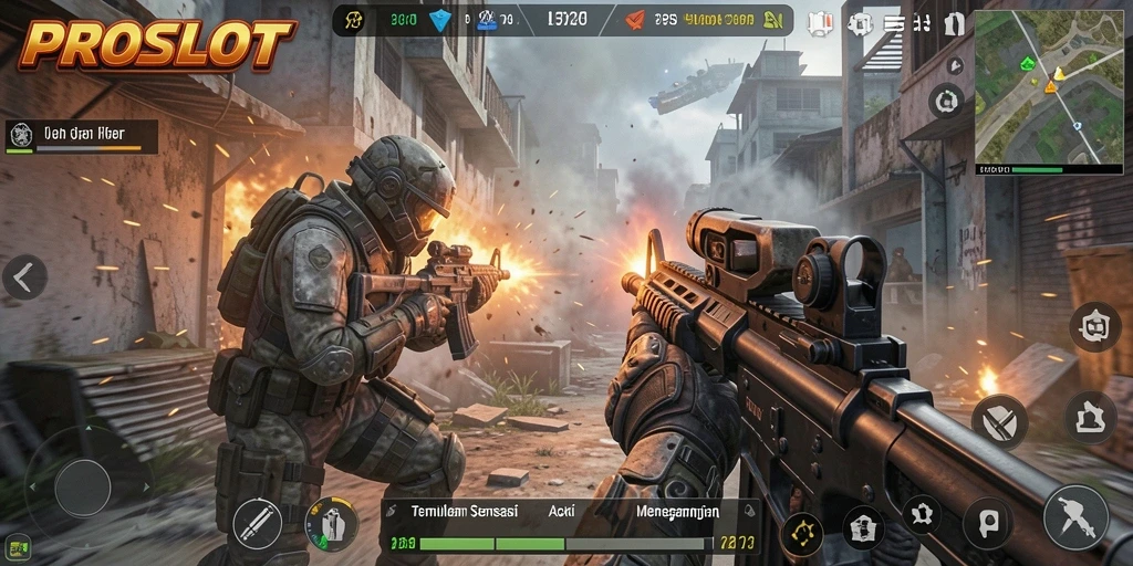 Tampilan gameplay PROSLOT yang mendebarkan dan aksi tembak-menembak intens.