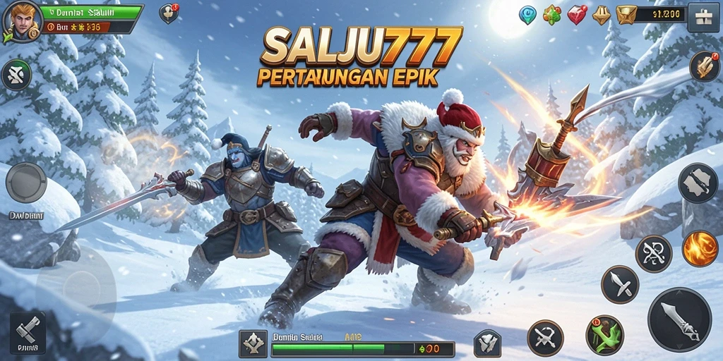 Tampilan gameplay SALJU777 yang menampilkan pertarungan dinamis dan karakter beragam.