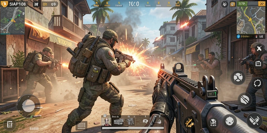 Screenshot dari gameplay menegangkan dalam SIAP108 yang menunjukkan aksi tembak-menembak.
